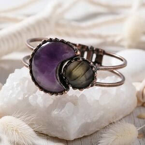 Boho Chic Amethyst Moon & Labradorite Handcrafted Copper Bangle Cuff Bracelet